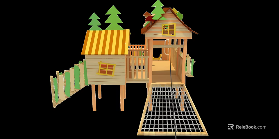 Wooden Playground Play Equipment with Tree House Slide Fence Climbing Net and Decorative Trees 3d model 