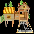 Wooden Playground Play Equipment with Tree House Slide Fence Climbing Net and Decorative Trees