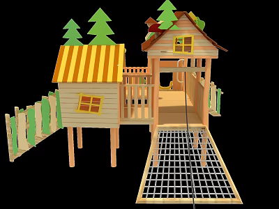 Wooden Playground Play Equipment with Tree House Slide Fence Climbing Net and Decorative Trees 3d model