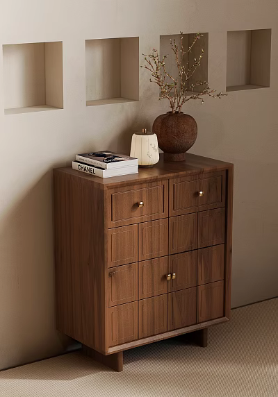 Modern Wooden Entryway Side Cabinet with Golden Handles Decorative Books White Candle Holder and Vase 3d model