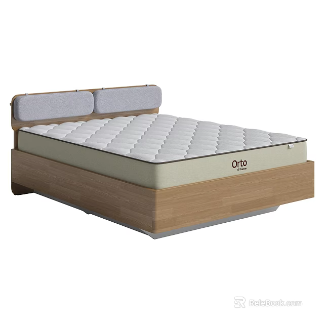 Double Bed with Wooden Frame Gray Padded Headboard and White Quilted Mattress 3d model 