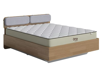 Double Bed with Wooden Frame Gray Padded Headboard and White Quilted Mattress 3d model