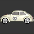 White Volkswagen Beetle With Red And Blue Stripes And Number 53 License Plate