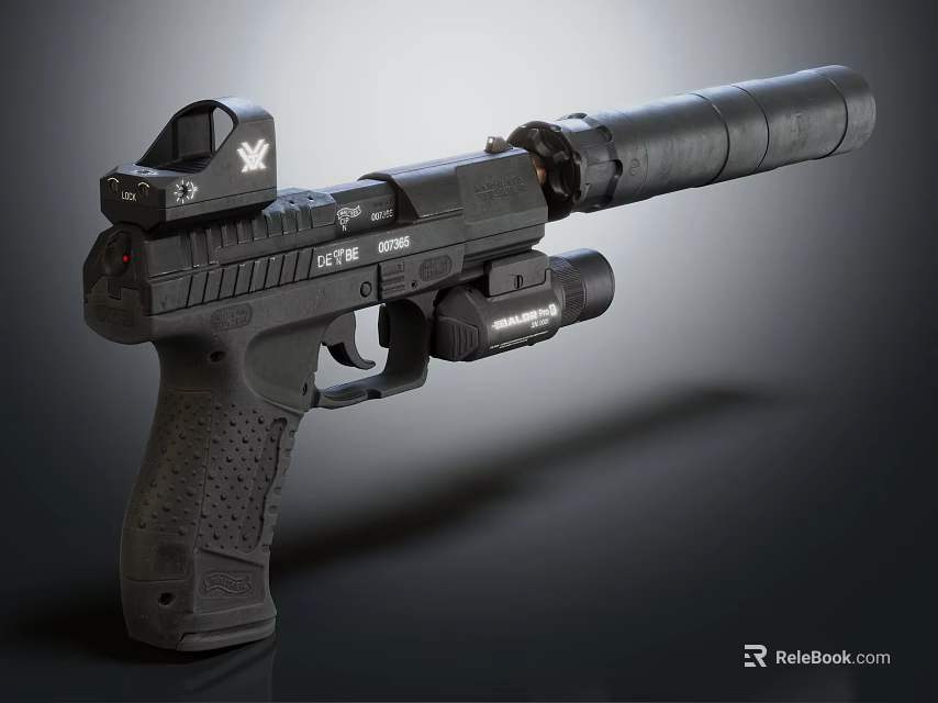 Tactical Pistol With Red Dot Sight Tactical Flashlight And Suppressor Design 3d model 