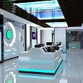Modern Tech Lobby Interior With White Reception Desk Blue Lighting Circular Logo And Ceiling Strips 3d model