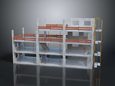 Multi Storey Building Construction With Concrete Frame Orange Beams And Scaffolding 3d model