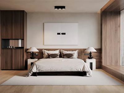 Modern Minimalist Bedroom Interior With Wooden Furniture White Bedding Table Lamps And Wall Art 3d model