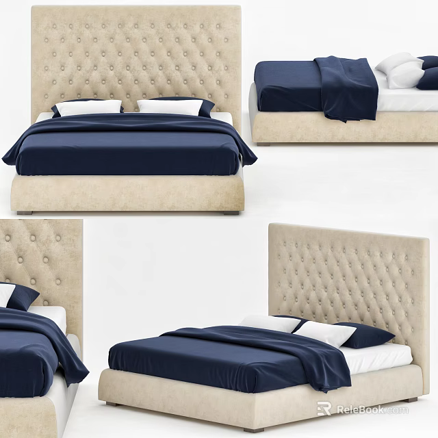 Modern Double Bed With Tufted Beige Headboard And Navy Blue Bedding 3d model
