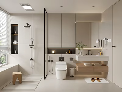 Modern Bathroom Interior Design With Glass Shower Enclosure White Toilet And Vanity 3d model