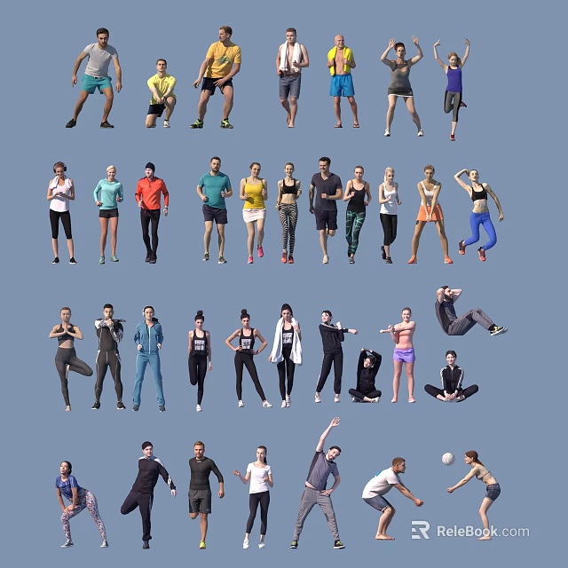 Group of People in Various Active Poses Performing Different Movements and Activities 3d model 