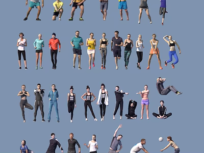 Group of People in Various Active Poses Performing Different Movements and Activities 3d model