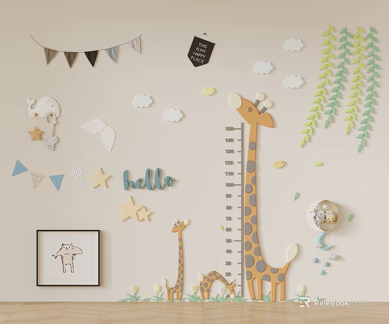 Cute Kids Room Wall Decor With Giraffe Figures Cloud Star Shapes And Hello Lettering 3d model 