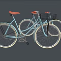 Two Light Blue Bicycles With Orange Seats And Black Front Baskets