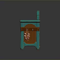 Turquoise Kitchen Cart With Shelves Holding Clay Pots Cups And Hanging Garlic