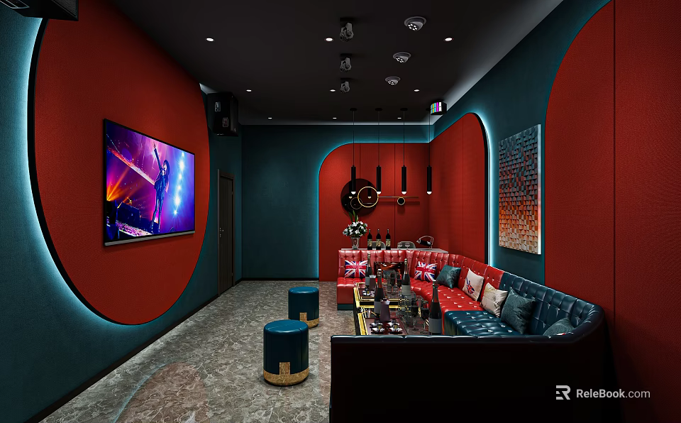 Modern KTV Interior With Red Green Walls Large Screen And Comfortable Sofa 3d model