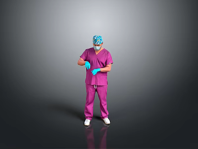 Medical Professional in Purple Surgical Scrubs With Blue Cap Mask Gloves Standing Against Gray Background 3d model