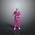 Medical Professional in Purple Surgical Scrubs With Blue Cap Mask Gloves Standing Against Gray Background
