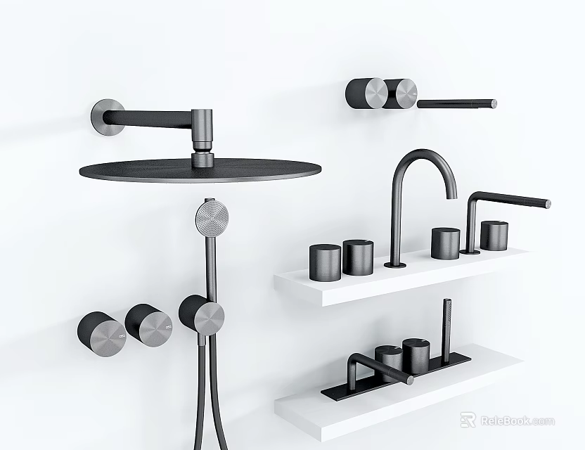 Black Shower System with Handheld Shower Dual Control Knobs and Shelf 3d model 