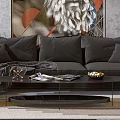 Modern Dark Gray Sofa and Coffee Table Combination With Abstract Painting Bookshelves and Floor Lamp