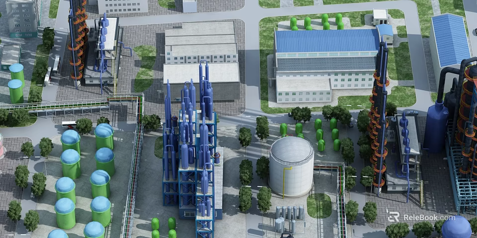 Industrial Plant With Blue Towers White Storage Tanks Green Trees And Surrounding Roads 3d model 
