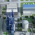 Industrial Plant With Blue Towers White Storage Tanks Green Trees And Surrounding Roads