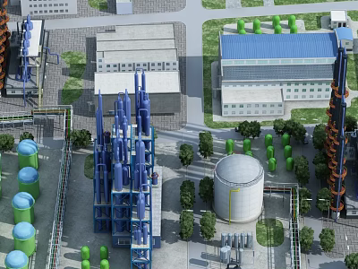 Industrial Plant With Blue Towers White Storage Tanks Green Trees And Surrounding Roads 3d model