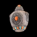 Traditional Decorative Household Container With Silver Body Intricate Patterns Orange Gemstone And Colorful Base Decorations