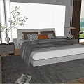 Modern Double Bed in Bedroom with Light Gray Headboard Pillows Nightstands and Green Plant