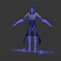 Hooded Armored Character In Blue And Silver Armor With Outstretched Arms And Weapons At Feet