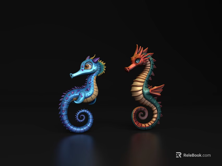 Vibrant Blue And Red Seahorses With Curled Tails And Colorful Patterns On Black Background 3d model 