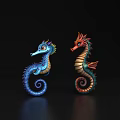 Vibrant Blue And Red Seahorses With Curled Tails And Colorful Patterns On Black Background