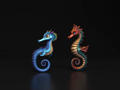 Vibrant Blue And Red Seahorses With Curled Tails And Colorful Patterns On Black Background 3d model