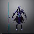 Fantasy Character Design With White Long Hair Purple Blue Ornamental Attire And Long Weapon