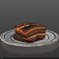 Delicious Layered Braised Pork Belly Served On Blue And White Patterned Plate With Dark Background