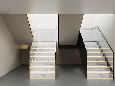 Elegant Modern Luxury Staircase with Marble Steps Glass Railings and Gold Accents 3d model