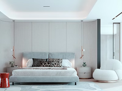 Modern Bedroom Interior Design With Upholstered Headboard Hanging Lamps And Accent Chair 3d model