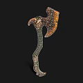 Fantasy Battle Axe With Wooden Handle Green Vines Orange Blade And Wrapped Straps