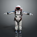 Astronaut In White Spacesuit With Helmet Backpack And Arms Outstretched Against Gray Background