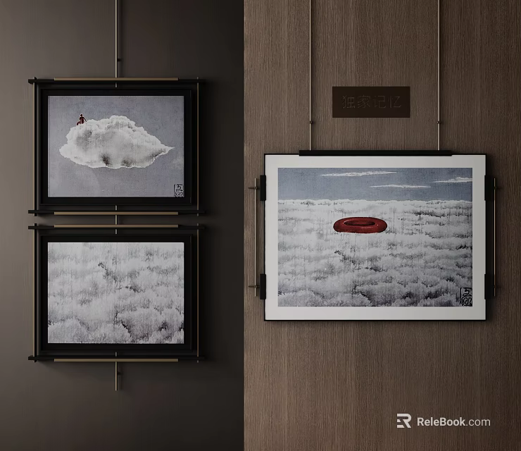 Abstract Paintings Hanging On Wall With Cloud Red Circle And White Background 3d model