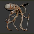 Steampunk Mechanical Octopus Character Holding Telescope And Sword With Metallic Gears 3d model
