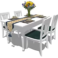 White Dining Table Set With White Chairs Green Cushions Table Runner And Colorful Flower Vase