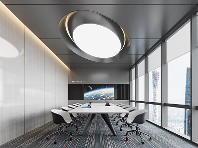 Modern Conference Room Interior With Large Windows Circular Pendant Light Long Table And Chairs 3d model