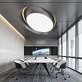Modern Conference Room Interior With Large Windows Circular Pendant Light Long Table And Chairs
