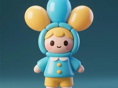 Cute Cartoon Style Doll With Blue Hoodie Yellow Shorts And Balloon Shaped Ears 3d model