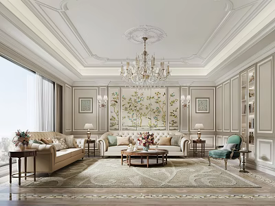 Luxury Living Room Interior With Crystal Chandelier Beige Sofa And Patterned Rug 3d model