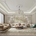 Luxury Living Room Interior With Crystal Chandelier Beige Sofa And Patterned Rug