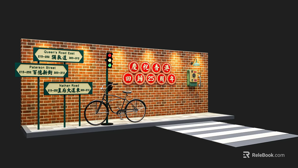 Popular Photo Check in Spot with Red Brick Wall Road Sign Traffic Light and Bicycle 3d model 