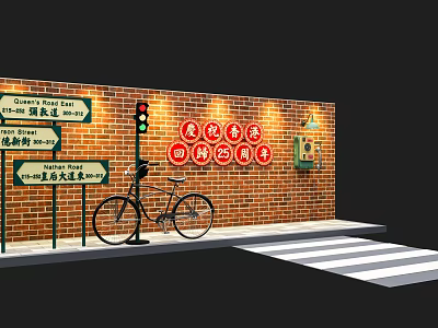 Popular Photo Check in Spot with Red Brick Wall Road Sign Traffic Light and Bicycle 3d model