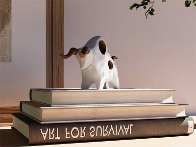 White Bull Sculpture with Brown Horns and Spots on Stacked Books for Indoor 3d model