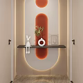 Entryway Hallway With Arch Design Orange Striped LED Light Strips Rabbit Figurine Plant On Shelf